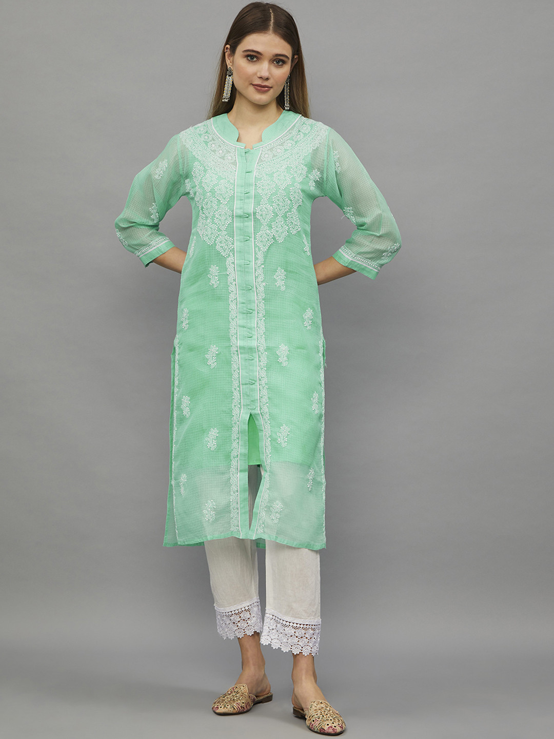 

Ethnava Geometric Thread Work Straight Cotton Kurta, Turquoise blue