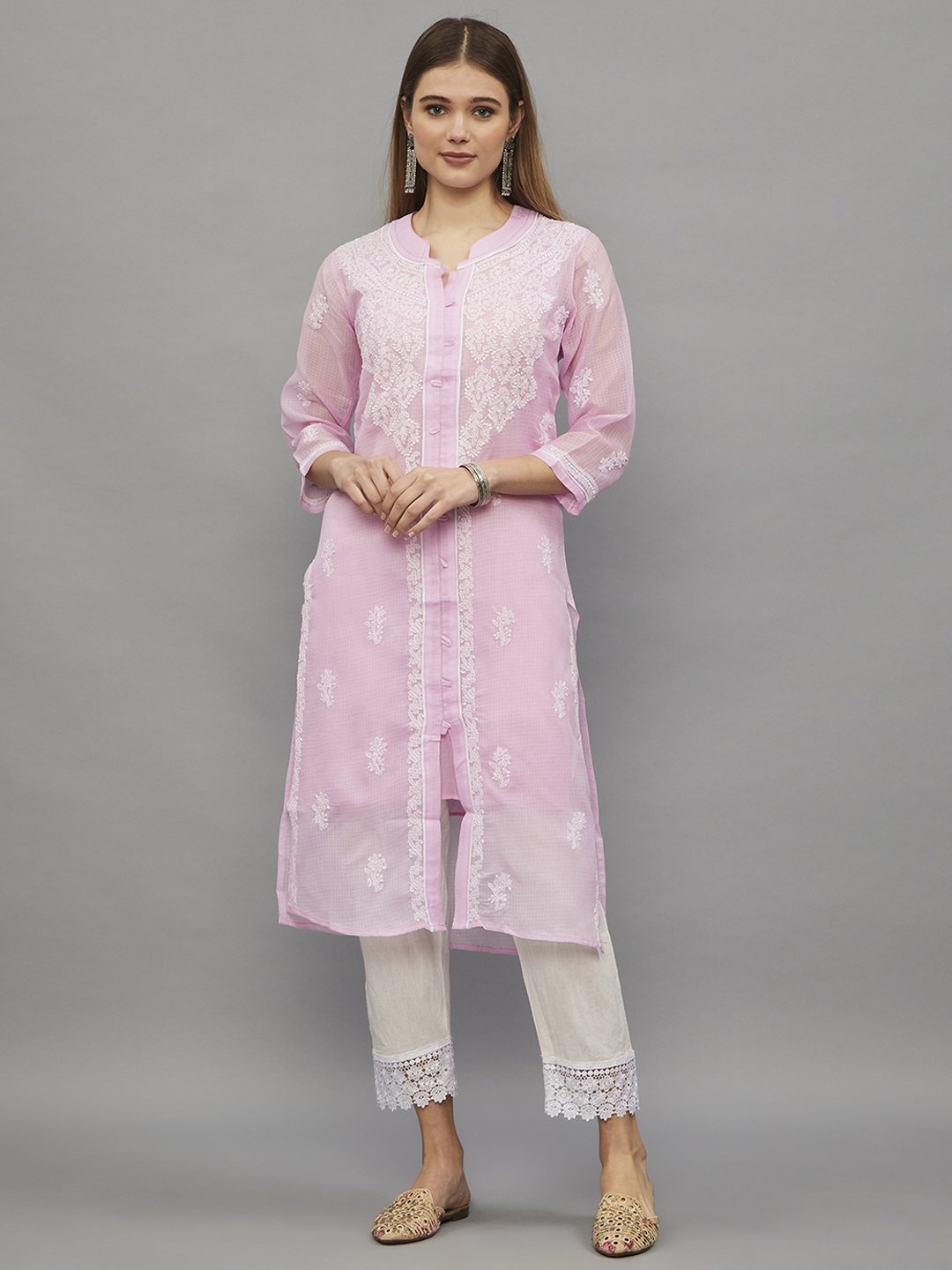 

Ethnava Ethnic Motifs Embroidered Cotton Straight Kurta, Pink