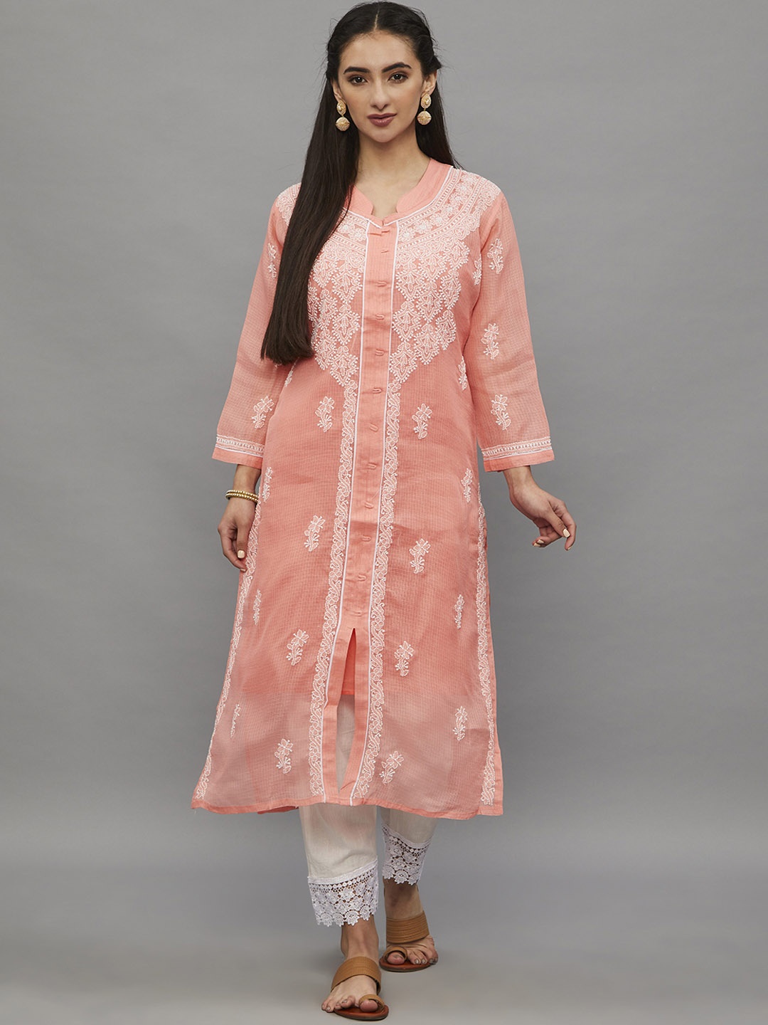 

Ethnava Ethnic Motifs Embroidered Cotton Straight Kurta, Peach