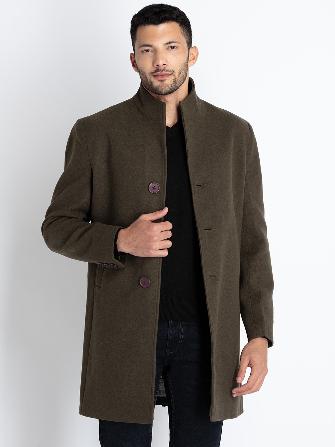 

Status Quo High Neck Single Breasted Overcoat Longline Coat, Olive