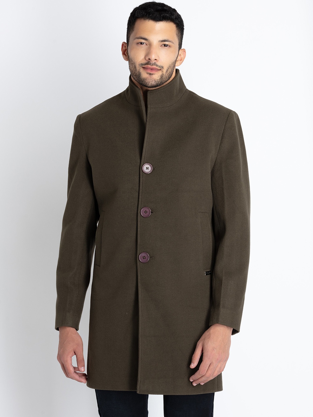 

Status Quo High Neck Tailored Longline Overcoat, Olive