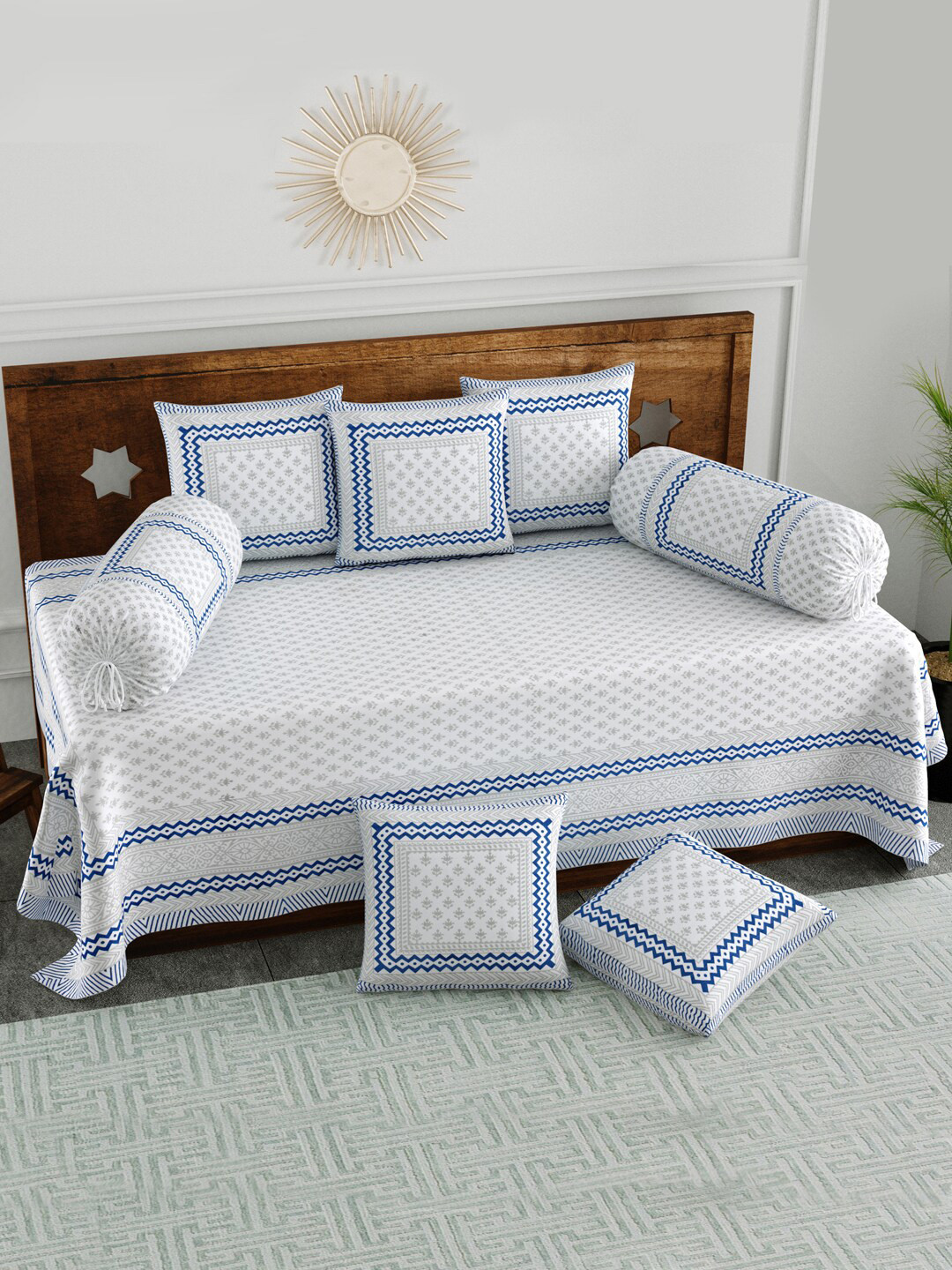 

BLOCKS OF INDIA White & Blue 8 Pieces Printed Cotton Diwan Set
