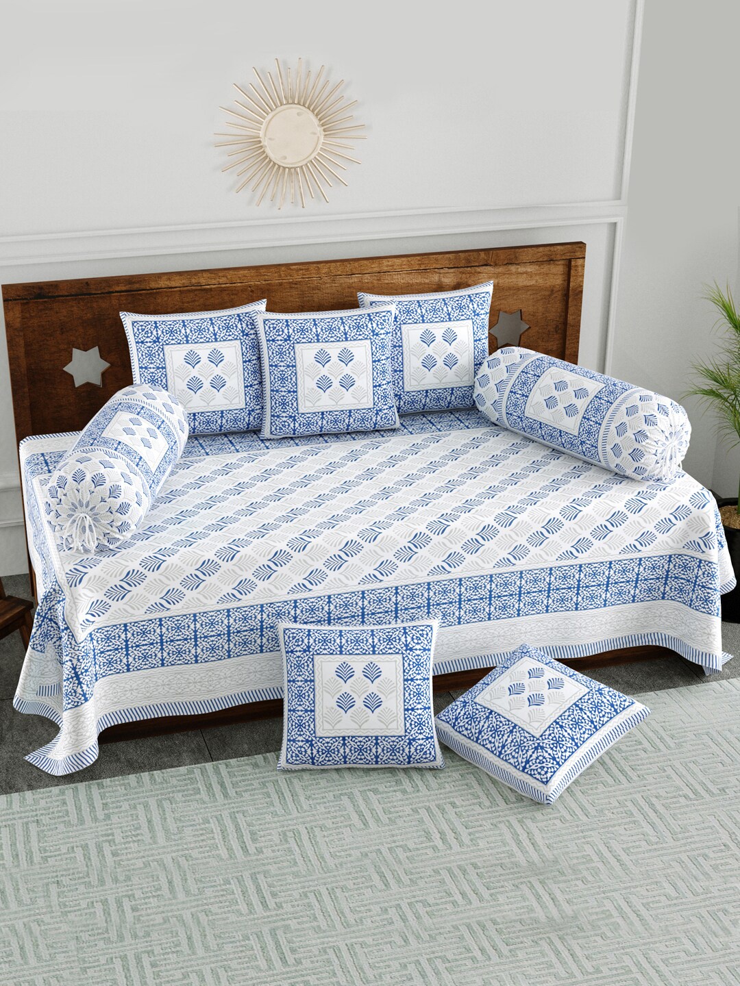 

BLOCKS OF INDIA White & Blue 8 Pieces Printed Cotton Diwan Set