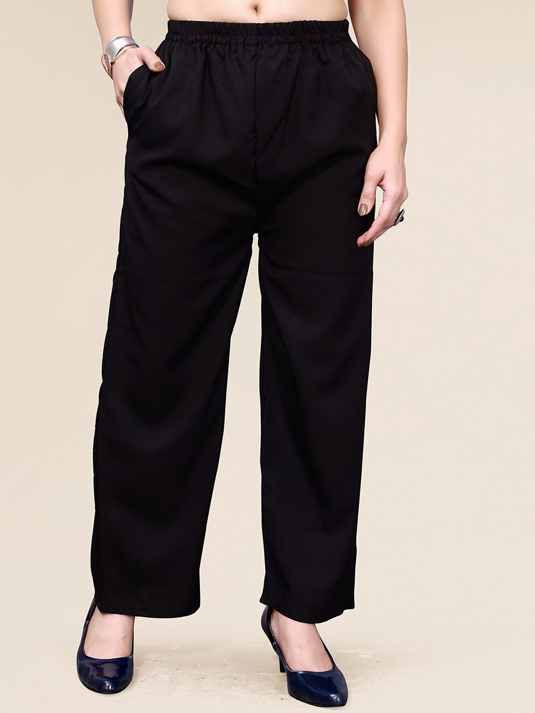 

KALINI Women Easy Wash Flared Parallel Trousers, Black