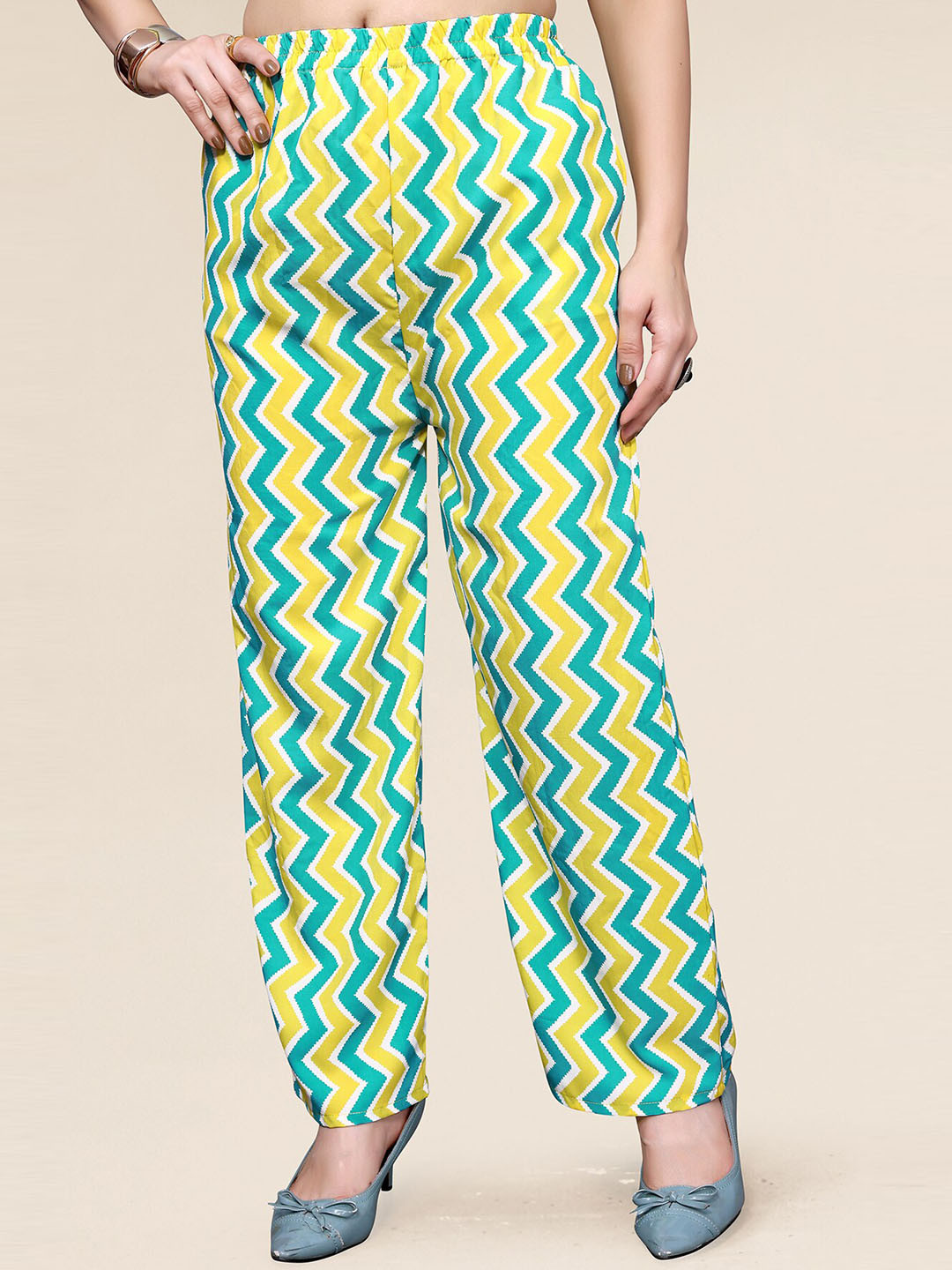 

KALINI Women Geometric Printed Flared Parallel Trousers, Yellow
