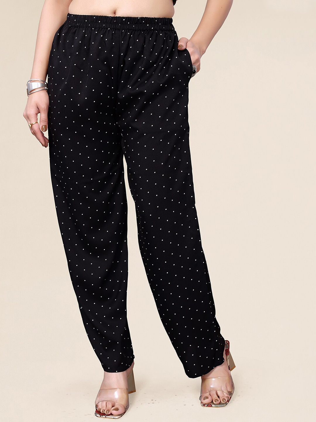 

KALINI Women Polka Dots Printed Flared Parallel Trousers, Black