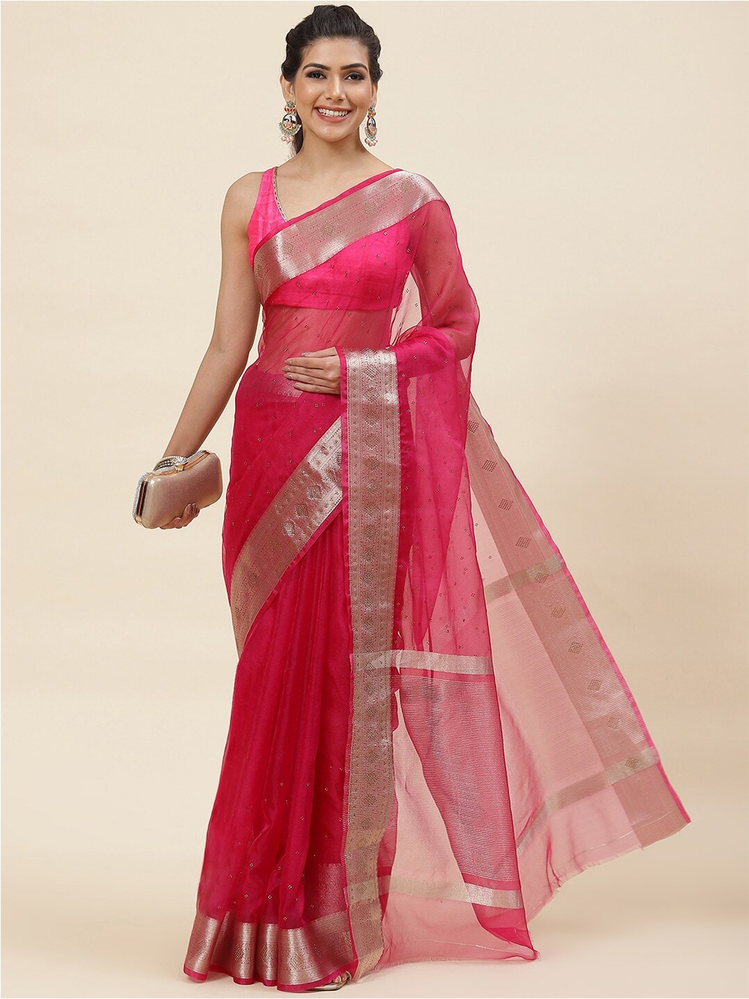 

Meena Bazaar Embellished Beads and Stones Organza Saree, Magenta