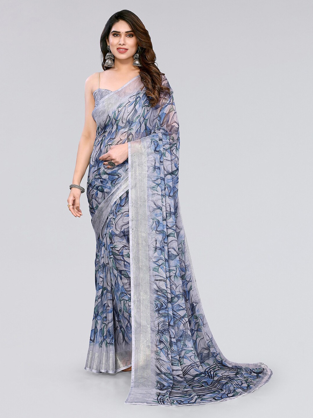 

KALINI Abstract Printed Zari Saree, Grey
