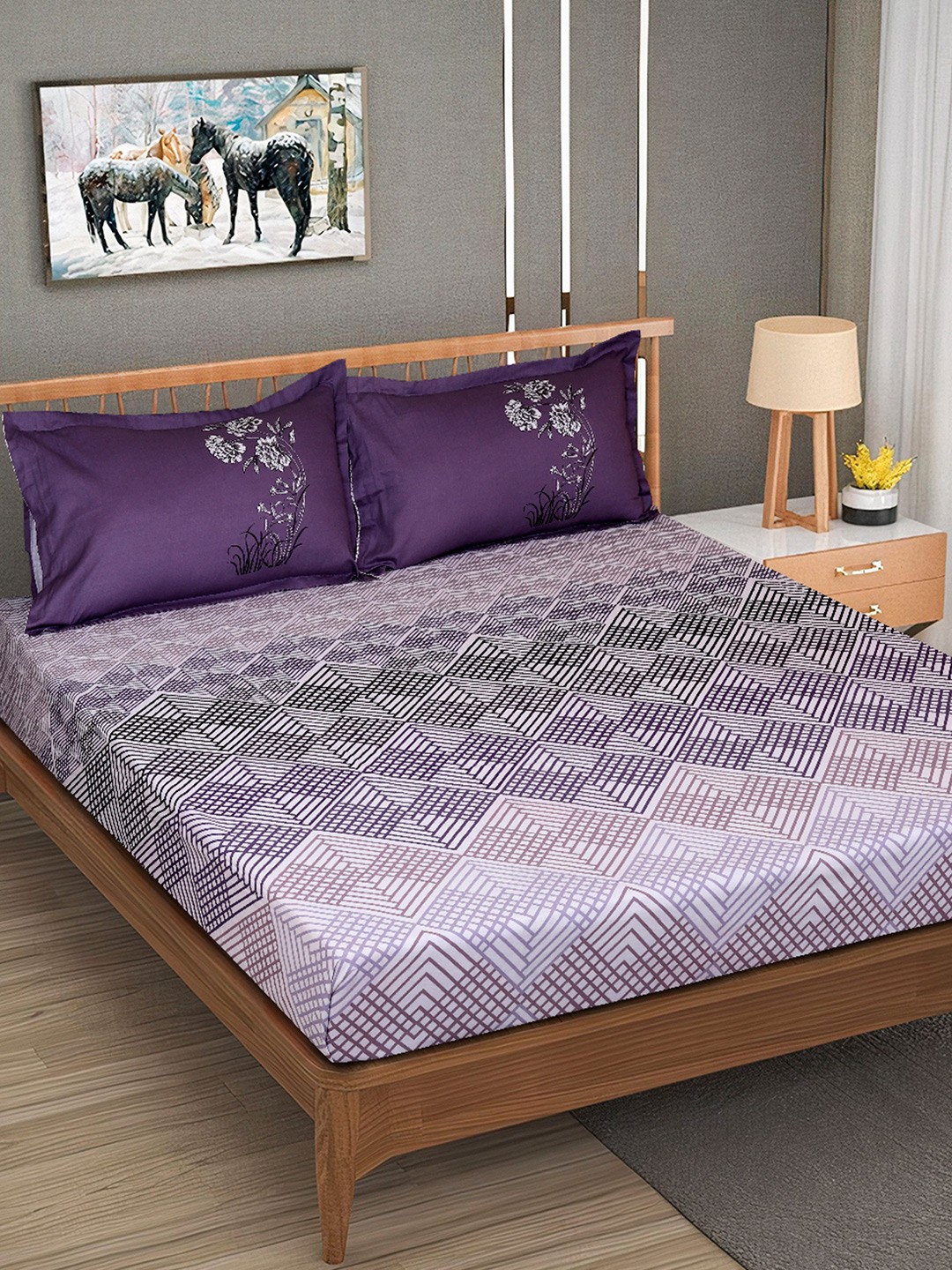 

ROMEE Purple & Blue Geometric Cotton 240 TC King Bedsheet with 2 Pillow Covers