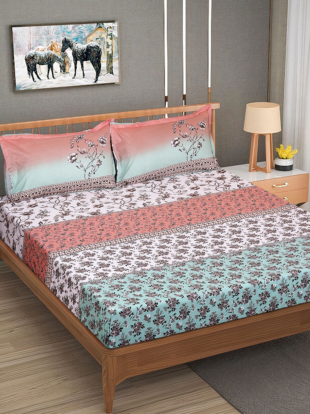 

ROMEE Sea Green & Pink Floral Cotton 240 TC King Bedsheet with 2 Pillow Covers