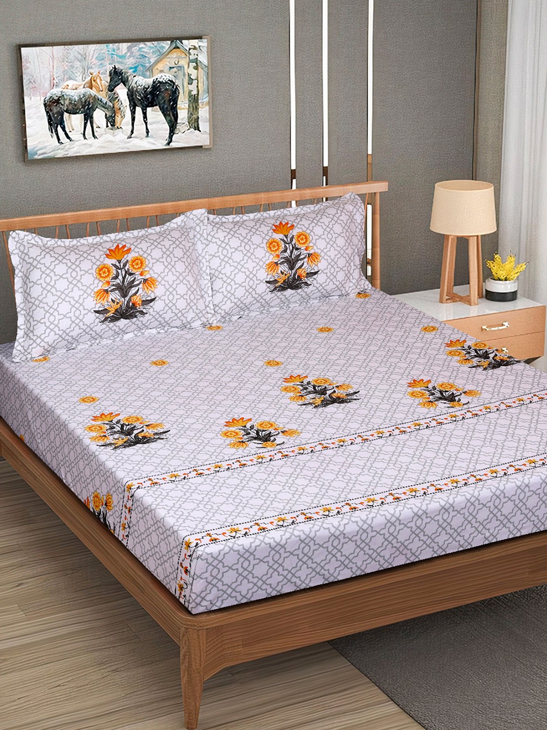 

ROMEE White & Yellow Ethnic Motifs Cotton 240 TC King Bedsheet with 2 Pillow Covers
