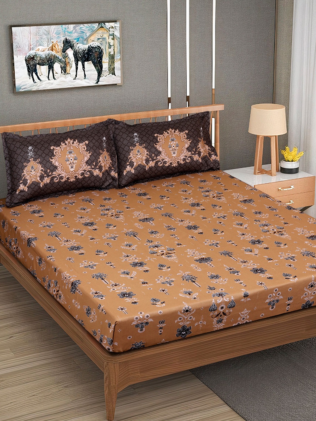 

ROMEE Brown & Grey Floral Cotton 240 TC King Bedsheet With 2 Pillow Covers