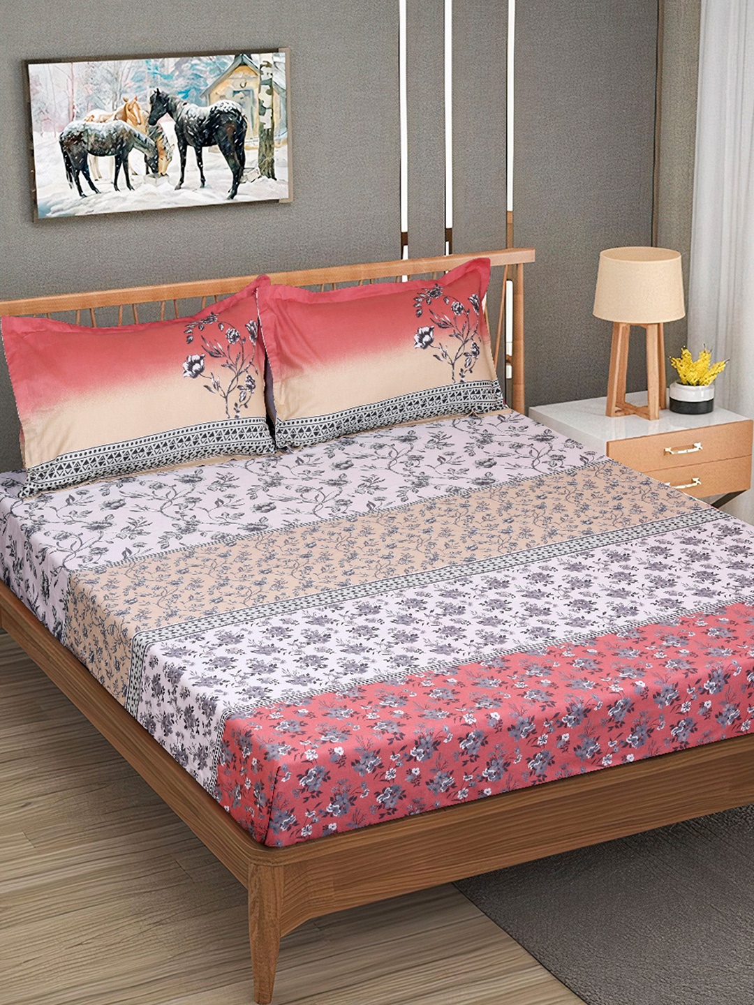 

ROMEE Pink & Black Floral Cotton 240TC King Bedsheet With 2 Pillow Covers