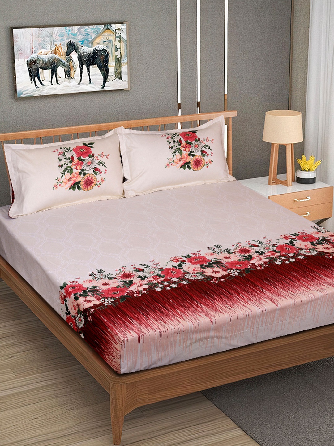 

ROMEE Cream-Coloured & Red Floral Cotton 240TC King Bedsheet With 2 Pillow Covers