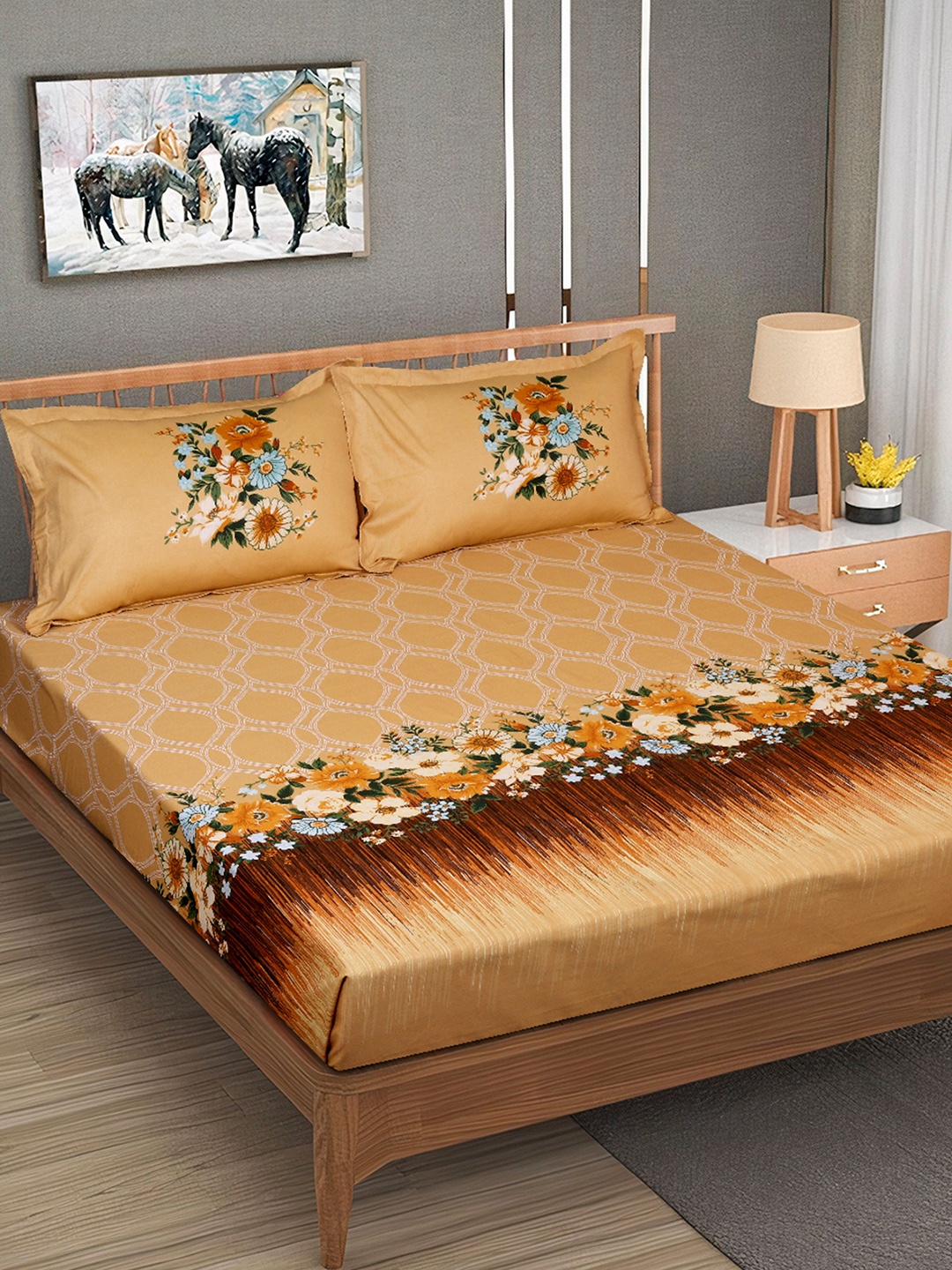 

ROMEE Mustard & Green Floral Cotton 240 TC King Bedsheet With 2 Pillow Covers