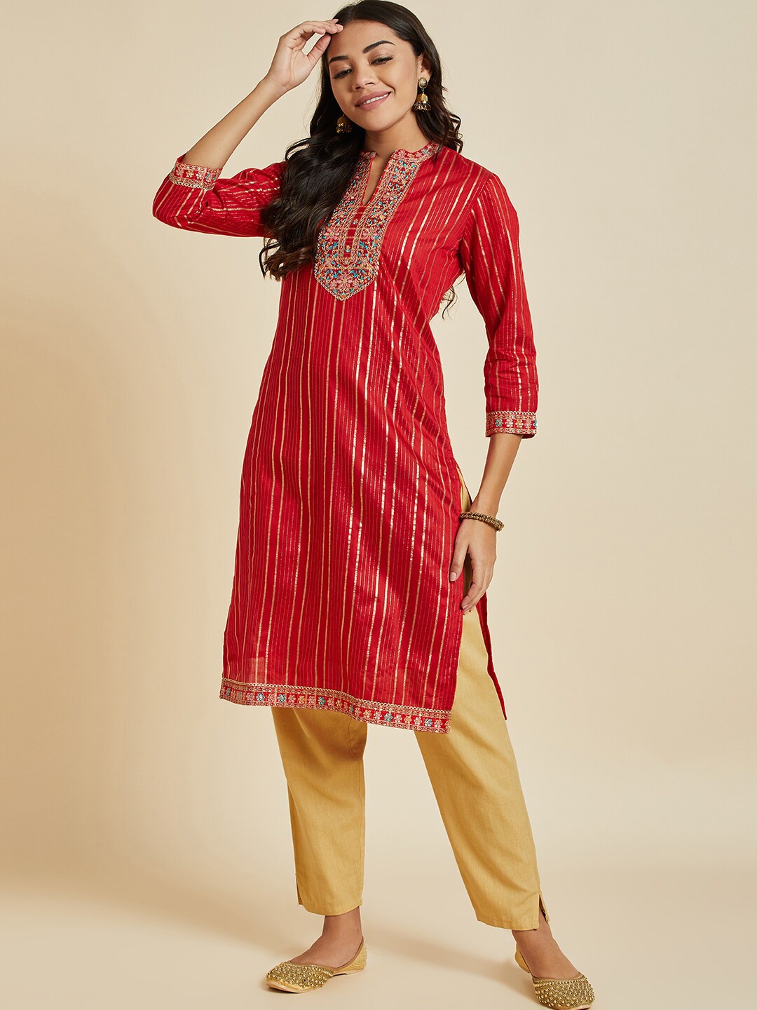 

Sangria Striped Thread Work Chanderi Silk Straight Kurta, Red