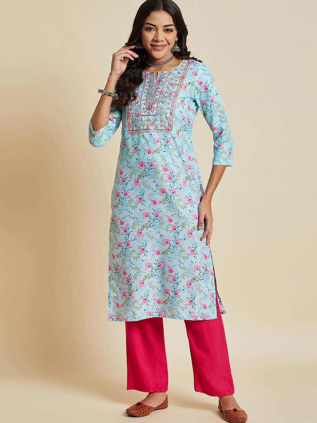 

Sangria Floral Printed Thread Work Straight Kurta, Blue