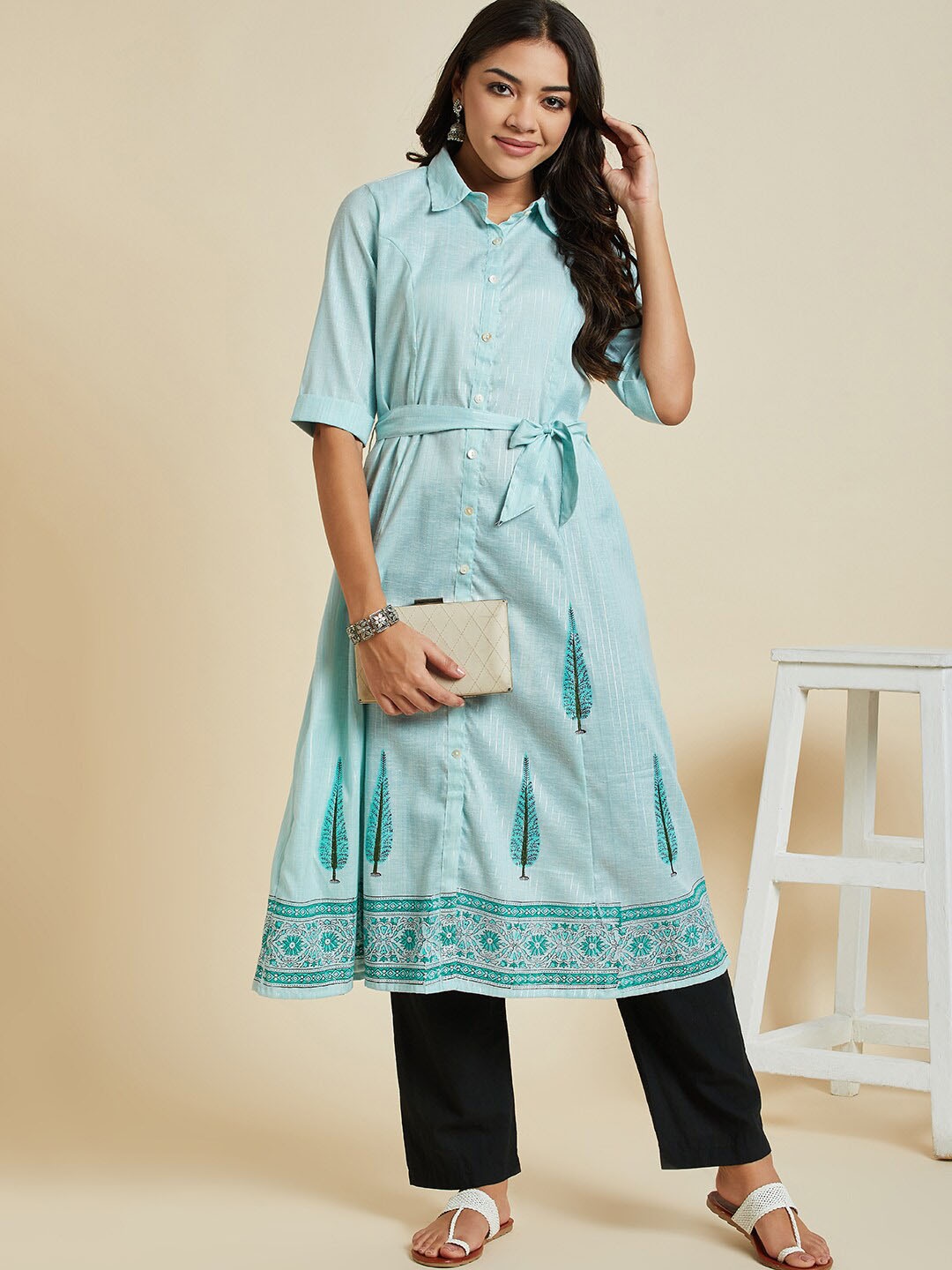 

Sangria Shirt Collar Tie-Ups Cotton A-Line Kurta, Turquoise blue