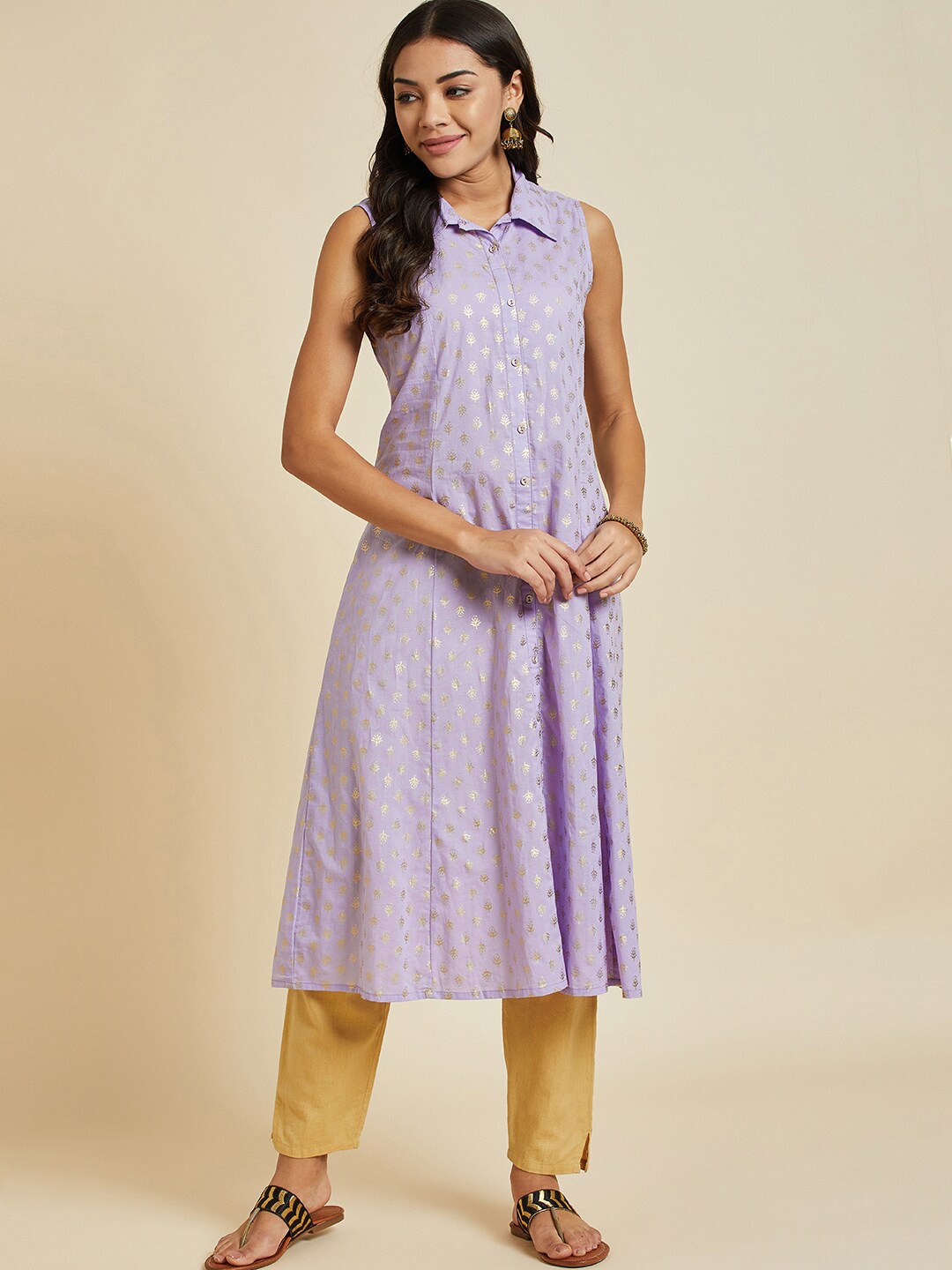 

Sangria Ethnic Motifs Printed Shirt Collar Cotton A-line Kurta, Lavender