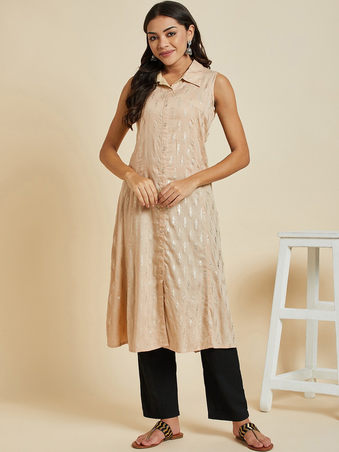

Sangria Ethnic Motifs Printed Shirt Collar Cotton A-line Kurta, Cream