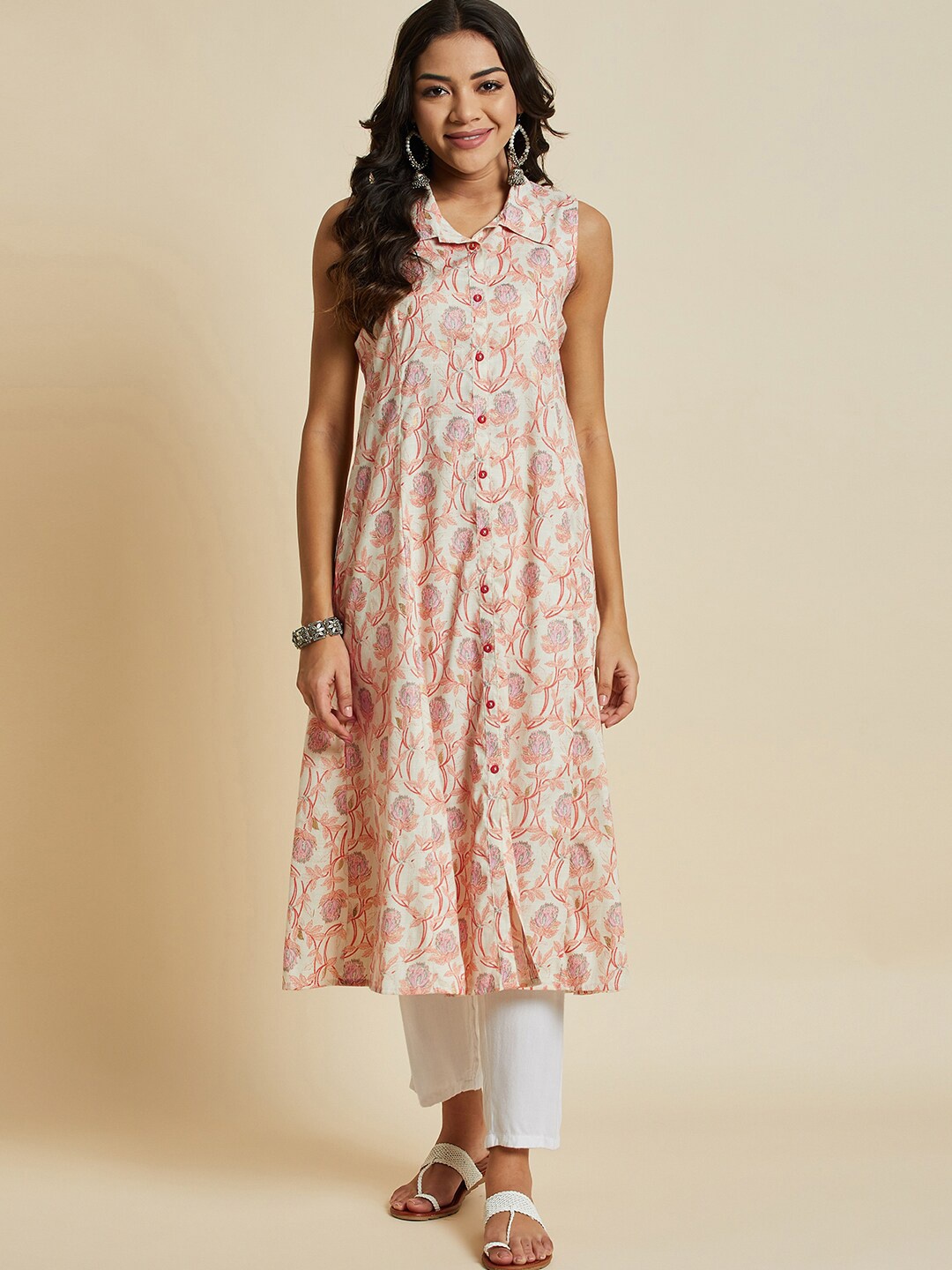 

Sangria Floral Printed Shirt Collar Cotton A-Line Kurta, White