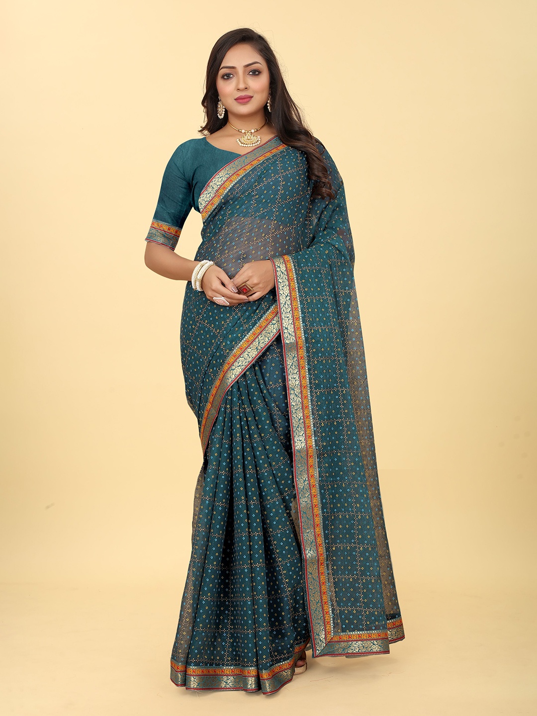 

Kiwie Bandhani Printed Zari Saree, Blue