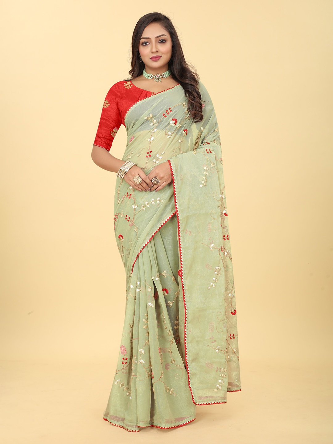 

Kiwie Floral Embroidered Saree, Sea green