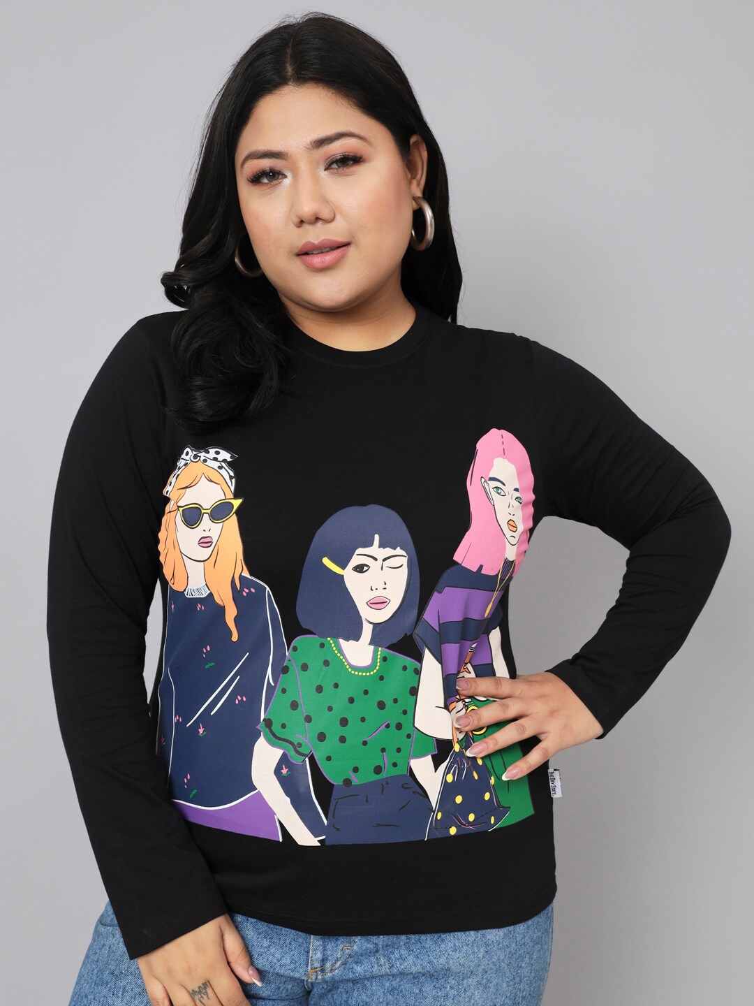 

BEYOUND SIZE - THE DRY STATE Plus Size Blue Graphic Printed Cotton T-shirt, Black