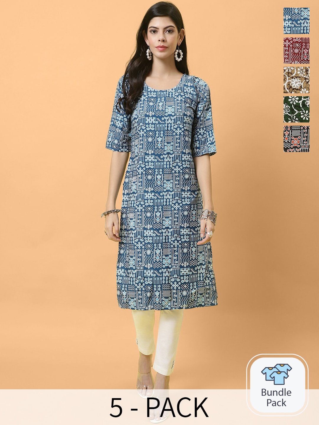 

Ethnic basket Selection Of 5 Ethnic Motifs Printed Straight Kurta, Blue