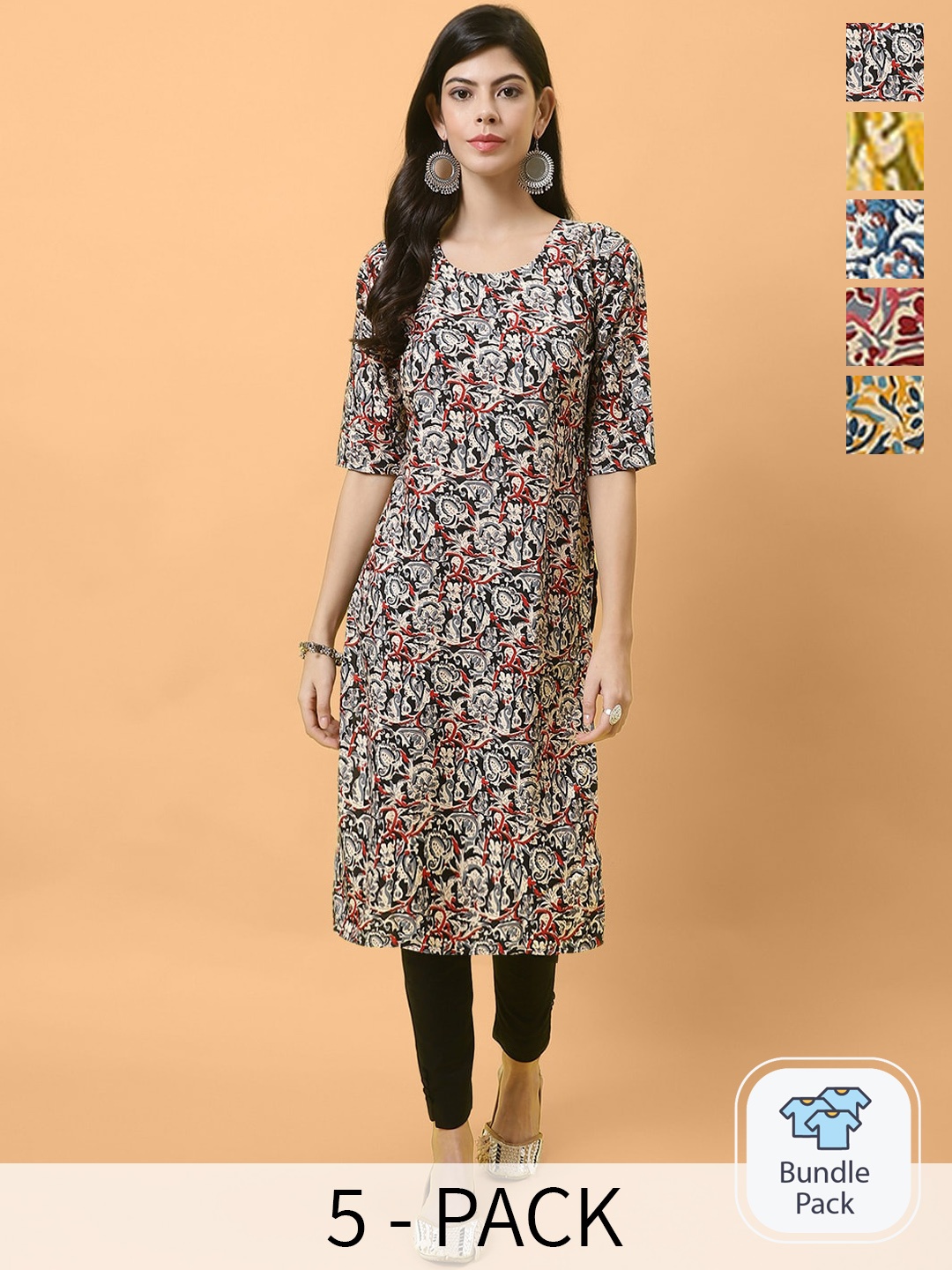 

Ethnic basket Selection Of 5 Abstract Printed Round Neck Straight Kurtas, Black