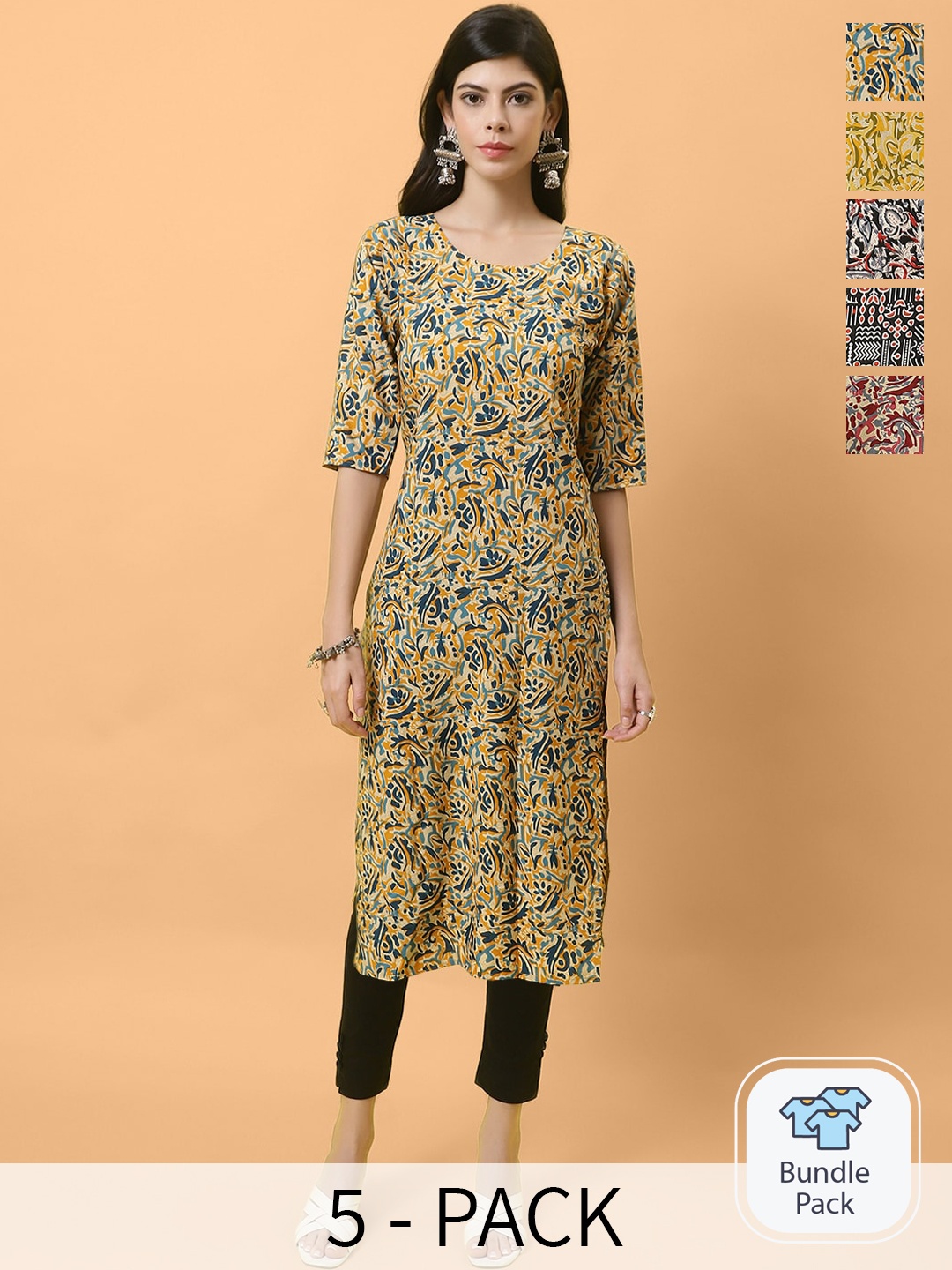 

Ethnic basket Selection Of 5 Abstract Printed Round Neck Straight Kurtas, Mustard