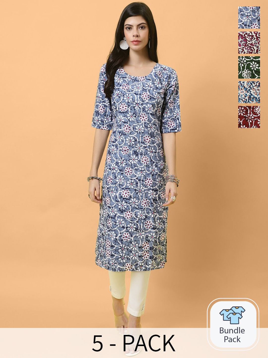 

Ethnic basket Selection Of 5 Floral Printed Round Neck Straight Kurtas, Blue