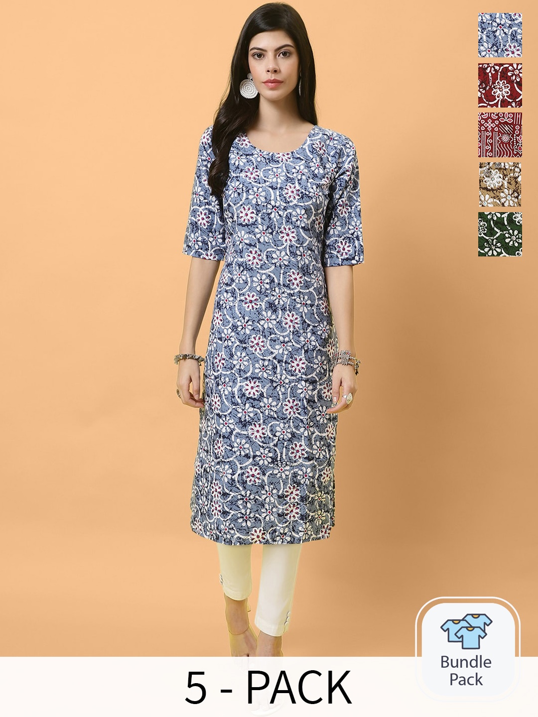 Ethnic basket Selection Of 5 Floral Printed Round Neck Straight Kurtas, Blue