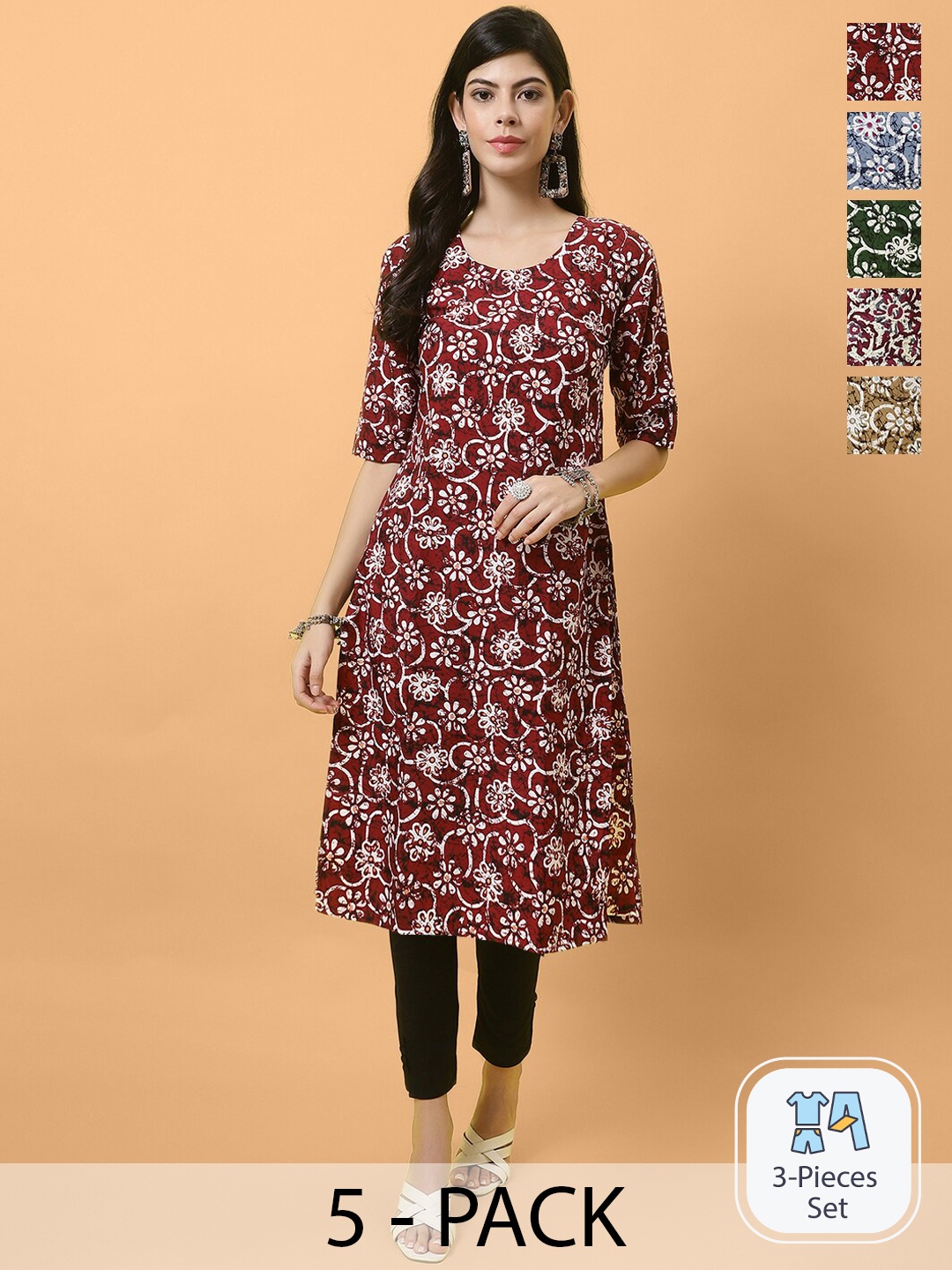 

Ethnic basket Selection Of 5 Floral Printed Crepe Kurta, Maroon