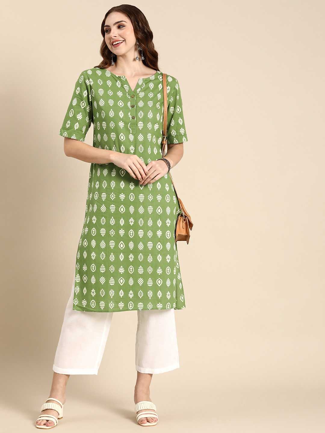 

Anouk Women Ethnic Motifs Printed Regular Pure Cotton Kurta with Palazzos, Green