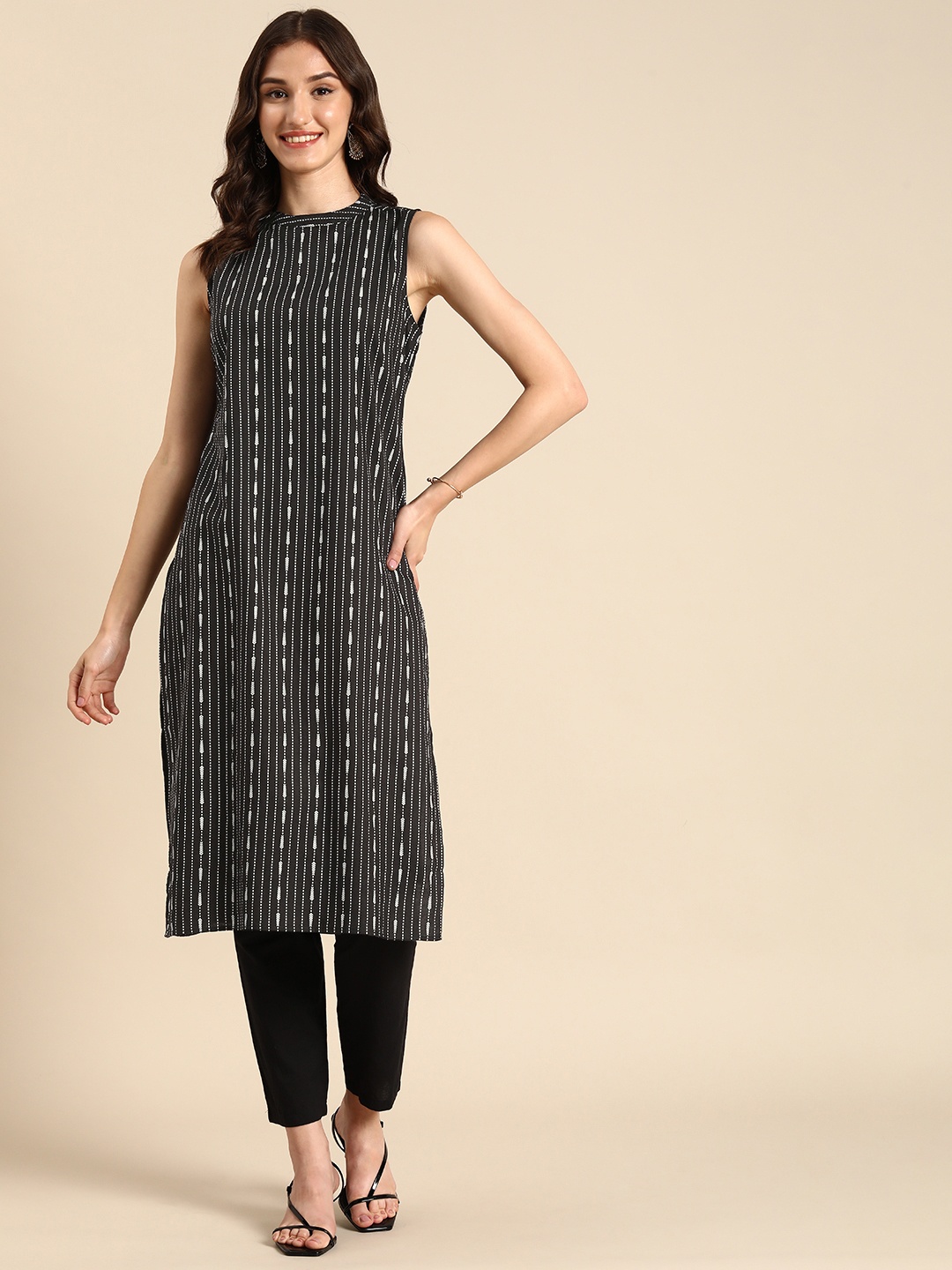 

Anouk Women Striped Halter Neck Kurta, Black
