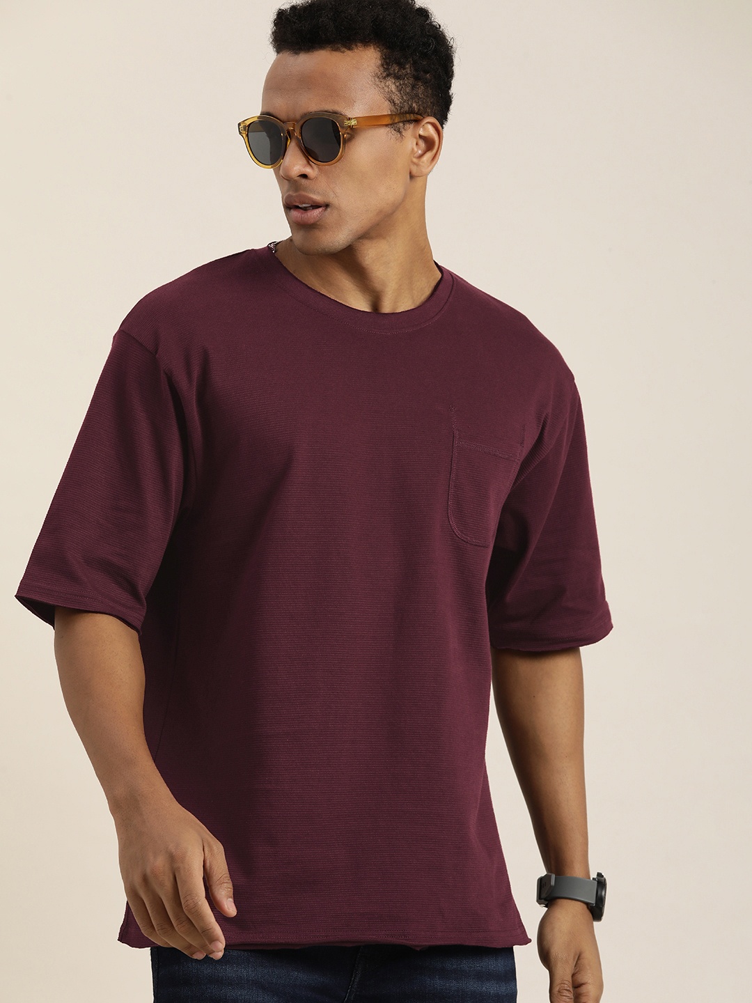 

DILLINGER Men Honeycomb Structure Oversized Pocket T-shirt, Maroon