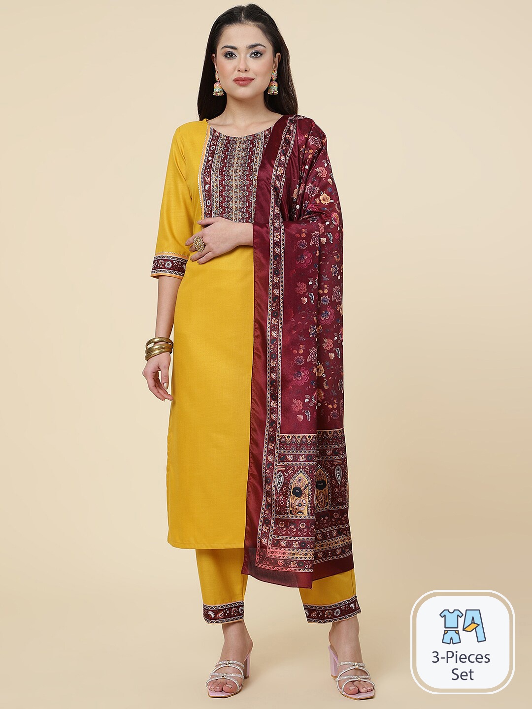 

CLEMIRA Floral Yoke Design Gotta Patti Kurta & Trousers With Dupatta, Mustard