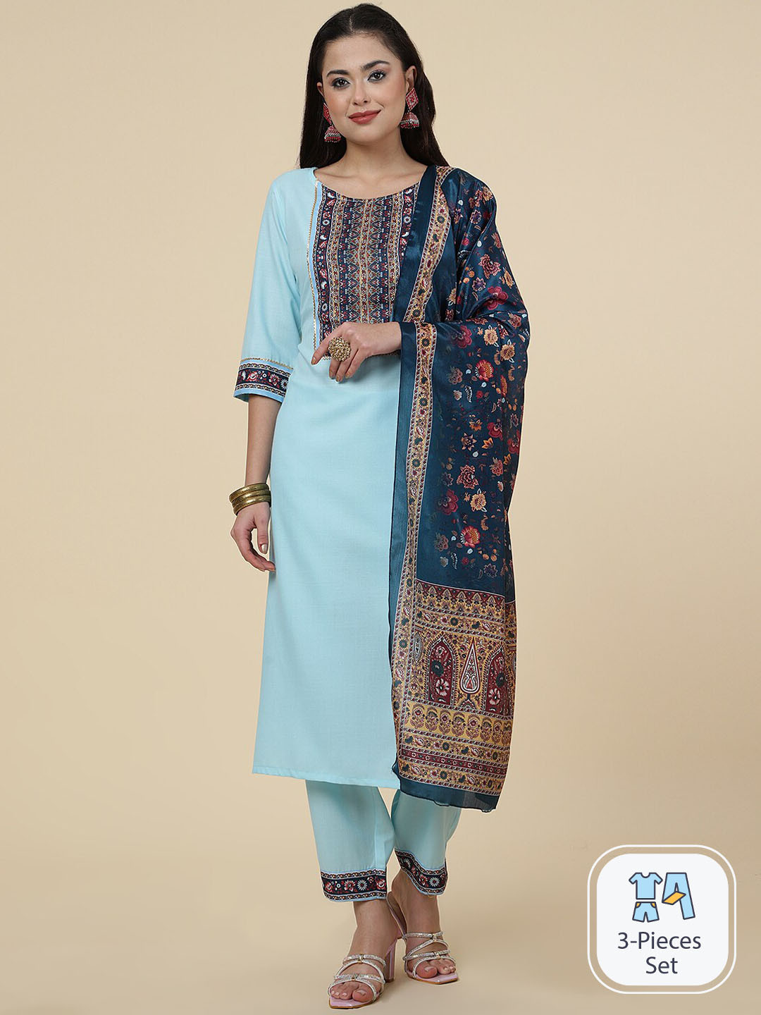 

CLEMIRA Ethnic Motifs Printed Gotta Patti Kurta With Salwar & Dupatta, Turquoise blue