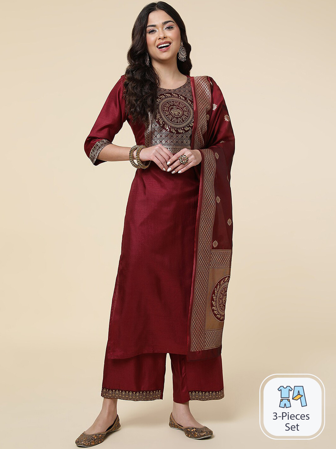 

CLEMIRA Ethnic Motifs Yoke Design Regular Kurta With Salwar & Dupatta, Maroon
