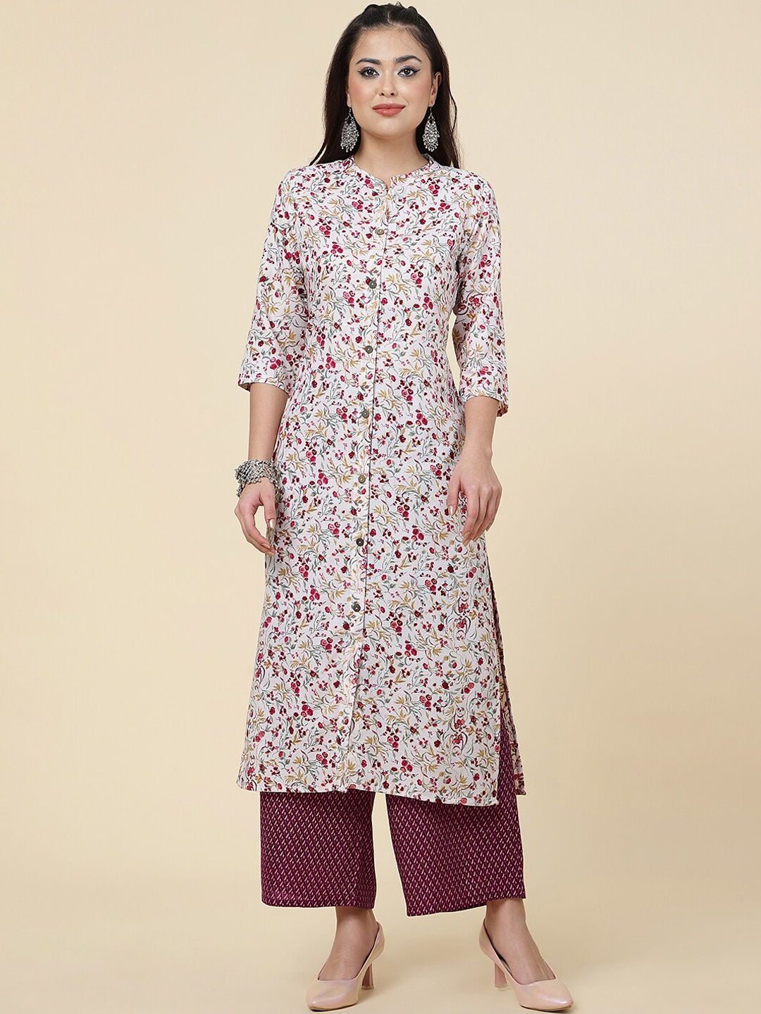 

CLEMIRA Floral Printed Regular Kurta with Palazzos, Maroon
