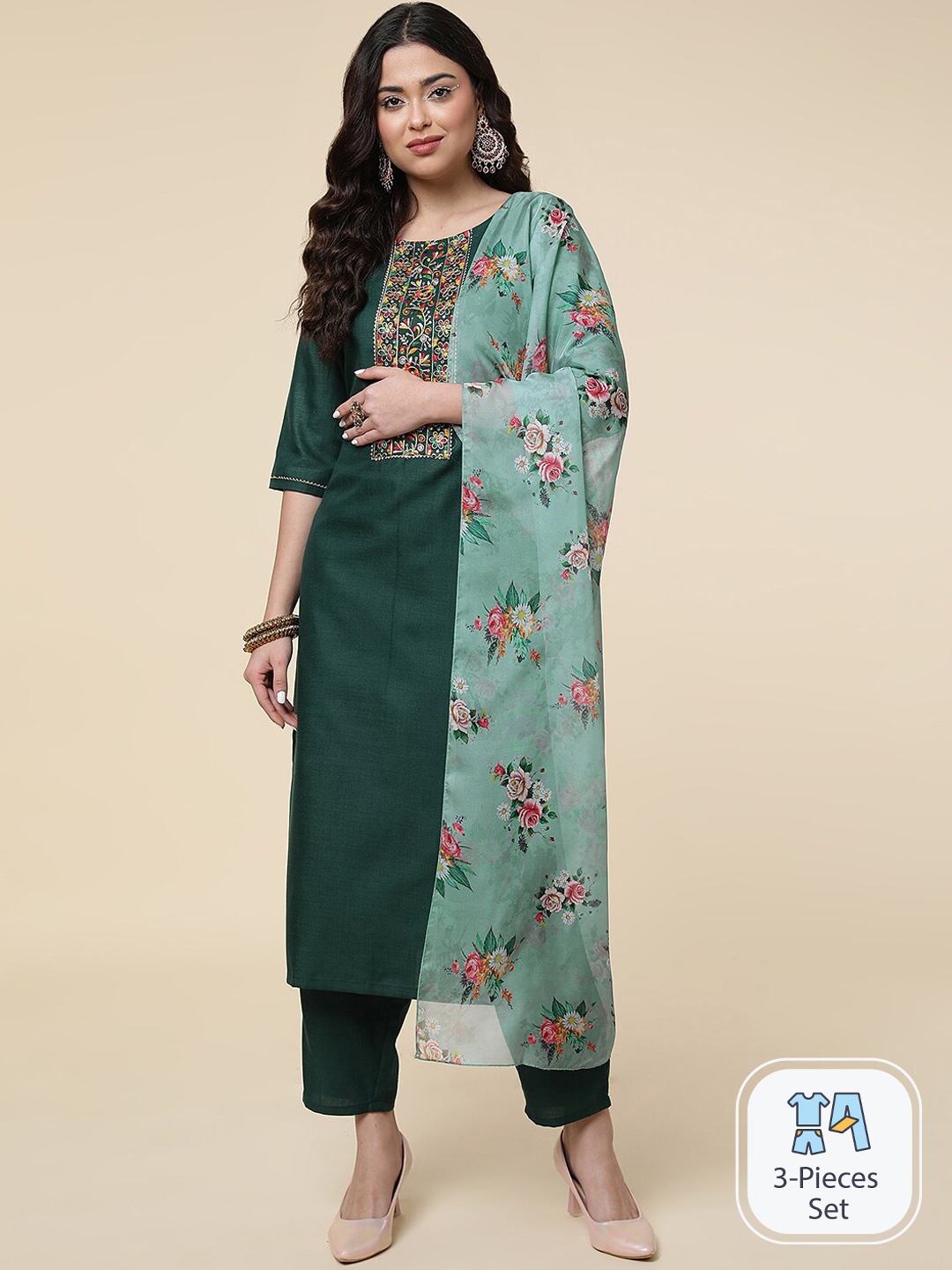 

CLEMIRA Floral Embroidered Regular Kurta With Palazzos & Dupatta, Green