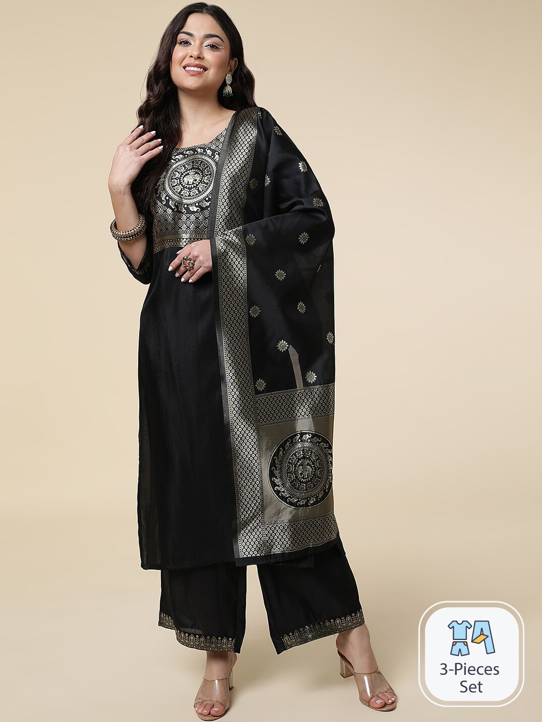 

CLEMIRA Woven Design Round Neck Regular Kurta with Salwar & Dupatta, Black