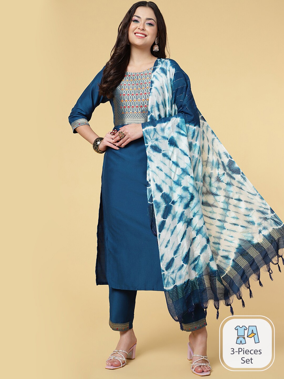 

CLEMIRA Yoke Design Regular Silk Chiffon Kurta & Trousers With Dupatta, Teal