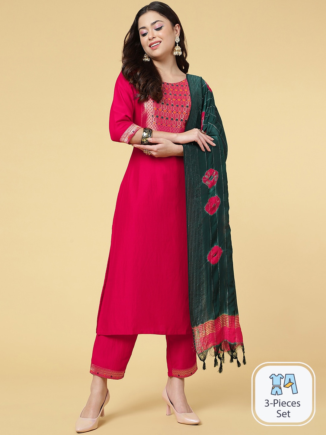 

CLEMIRA Woven Design Silk Chiffon Kurta with Trousers & With Dupatta, Pink