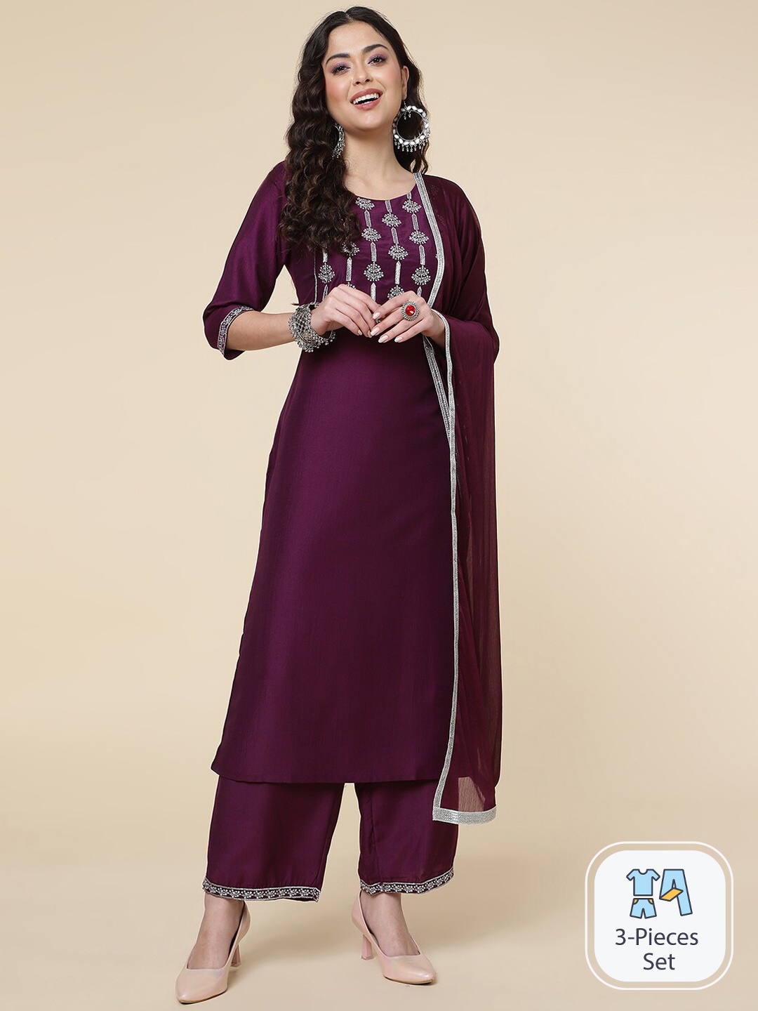

CLEMIRA Ethnic Motifs Yoke Design Silk Chiffon Kurta with Palazzos & With Dupatta, Purple