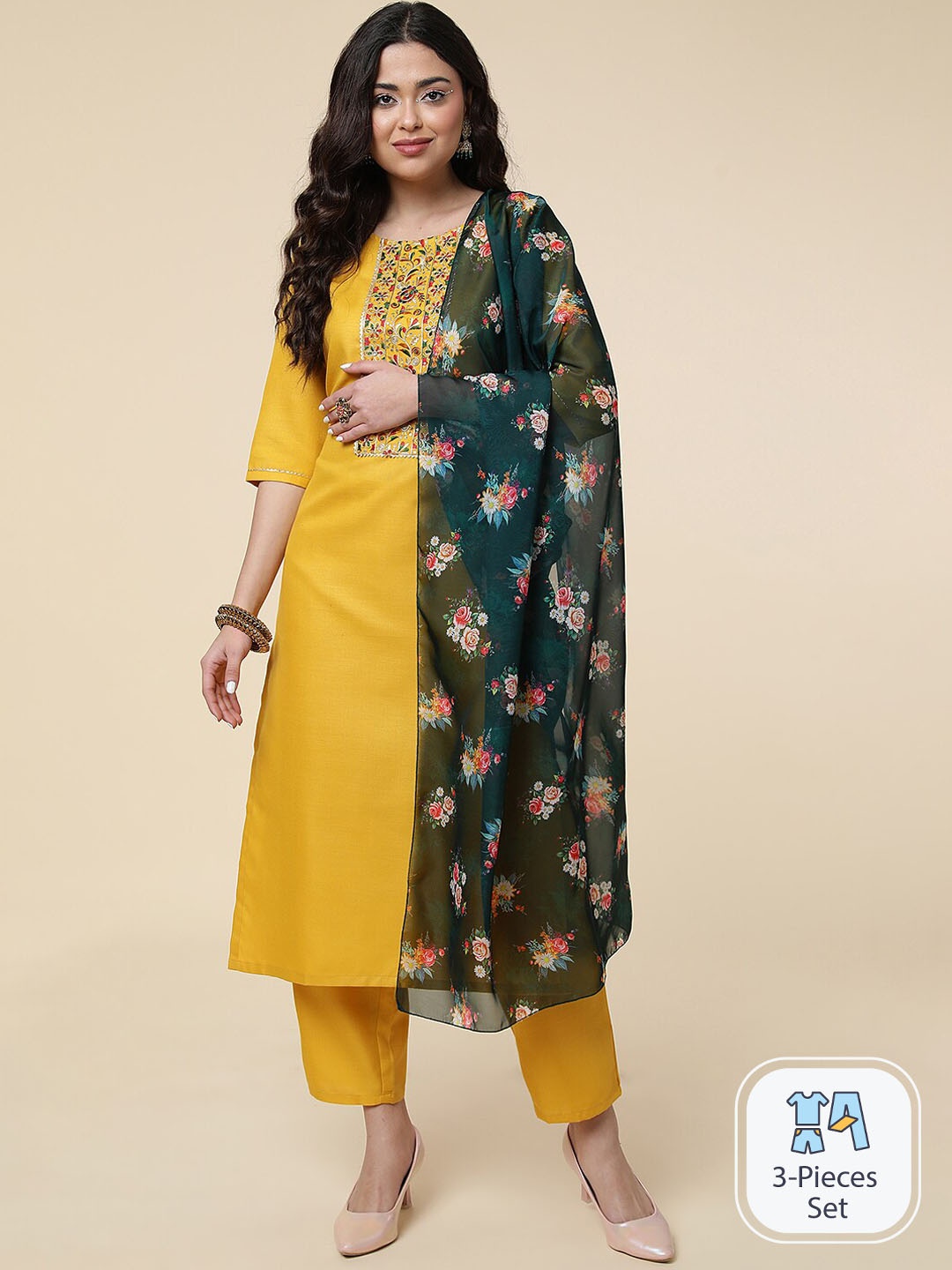 

CLEMIRA Yoke Design Embroidered Straight Kurta & Trouser With Dupatta, Yellow