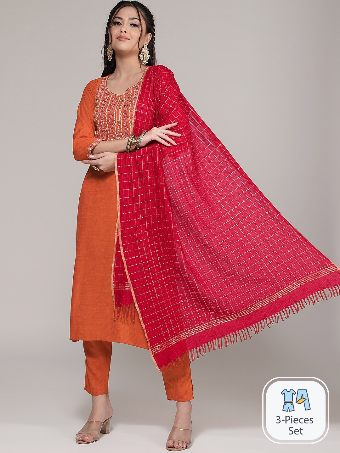 

CLEMIRA Ethnic Motifs Yoke Design Regular Thread Work Kurta With Trousers & With Dupatta, Orange