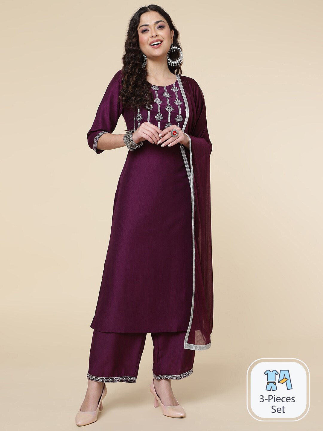 

CLEMIRA Ethnic Motifs Yoke Design Silk Chiffon Straight Kurta With Palazzos & Dupatta, Purple
