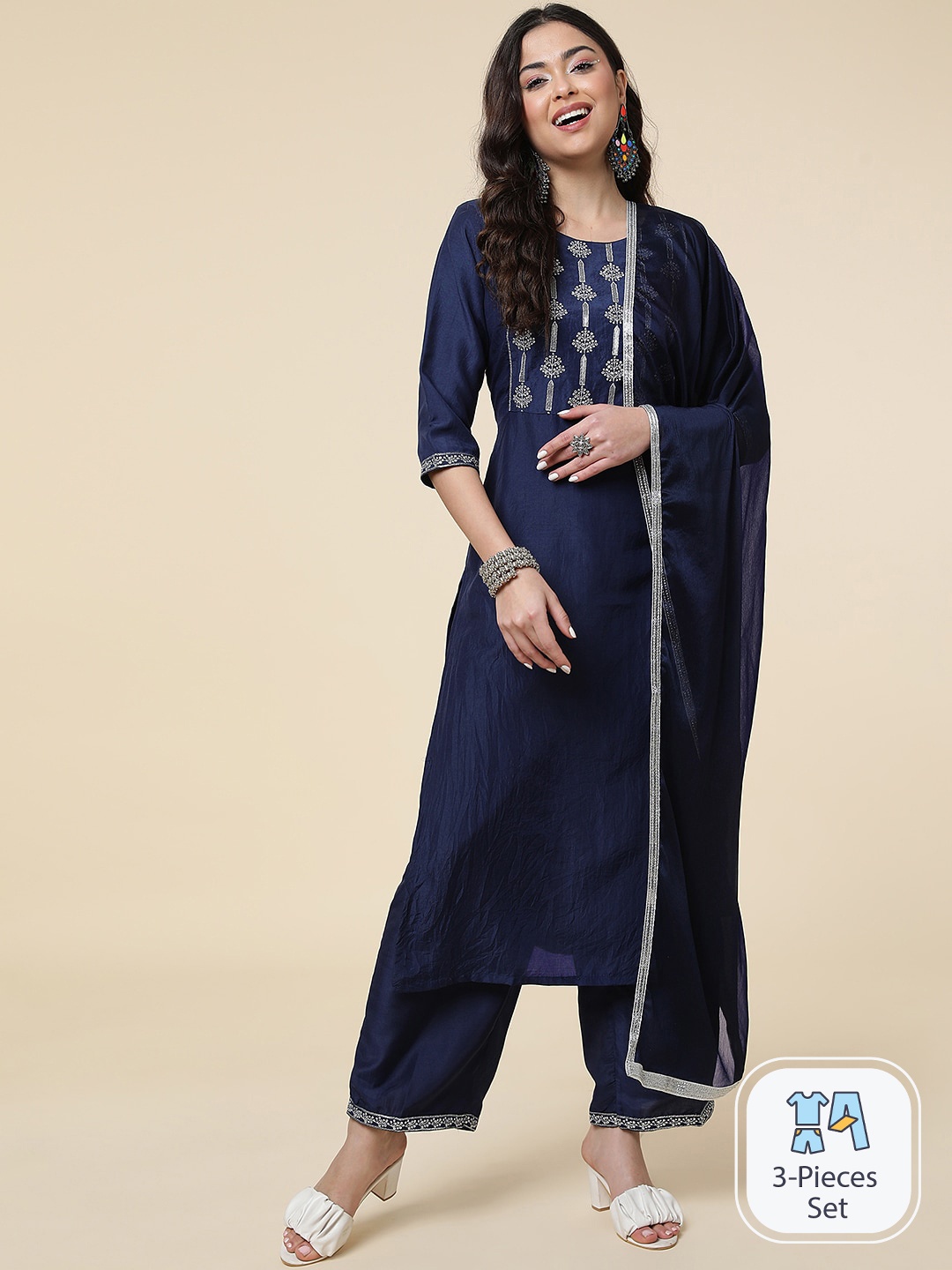 

CLEMIRA Ethnic Motifs Yoke Design Kurta With Salwar & Dupatta, Navy blue